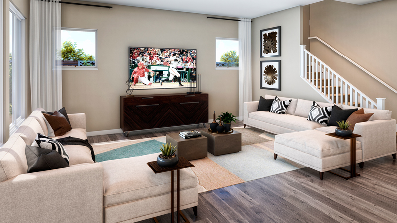 Digital rendering of the interior of a modern
                    kitchen and living area