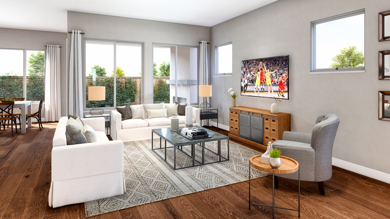 Digital rendering of the interior of a modern
                    kitchen and living area