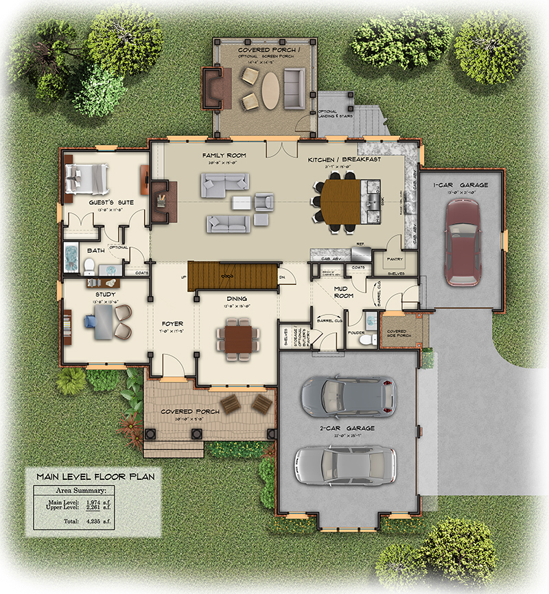 Full-color floorplan showing the main level of the house and digitally-rendered landscaping