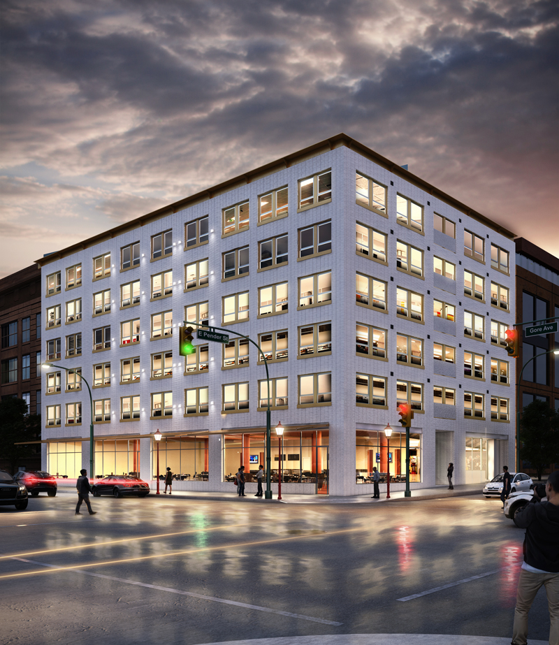 Digital
                    rendering of the exterior of a multi-family home at
                    dusk